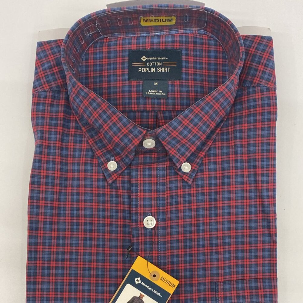 NWT Member's Mark Cotton Poplin Button Down Shirt, Long Sleeve, Red/Blue Plaid